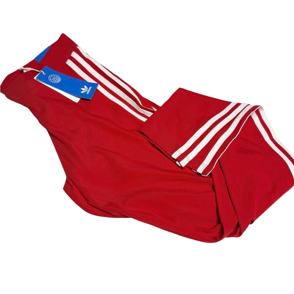 Adidas 3 Stripe Red White Leggings Tight Fit Mid Rise Full Length